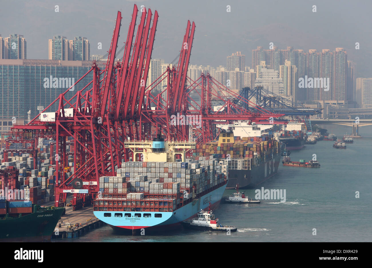 Hong Kong, China, Containerschiffe im Hong Kong International Terminal, Container-Hafen Stockfoto