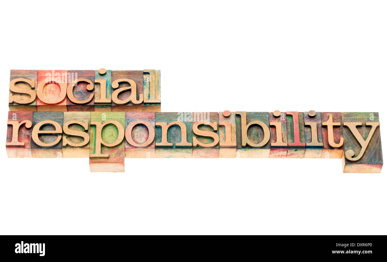 soziale Verantwortung - isolierte Wörter im Buchdruck Holzart Stockfoto