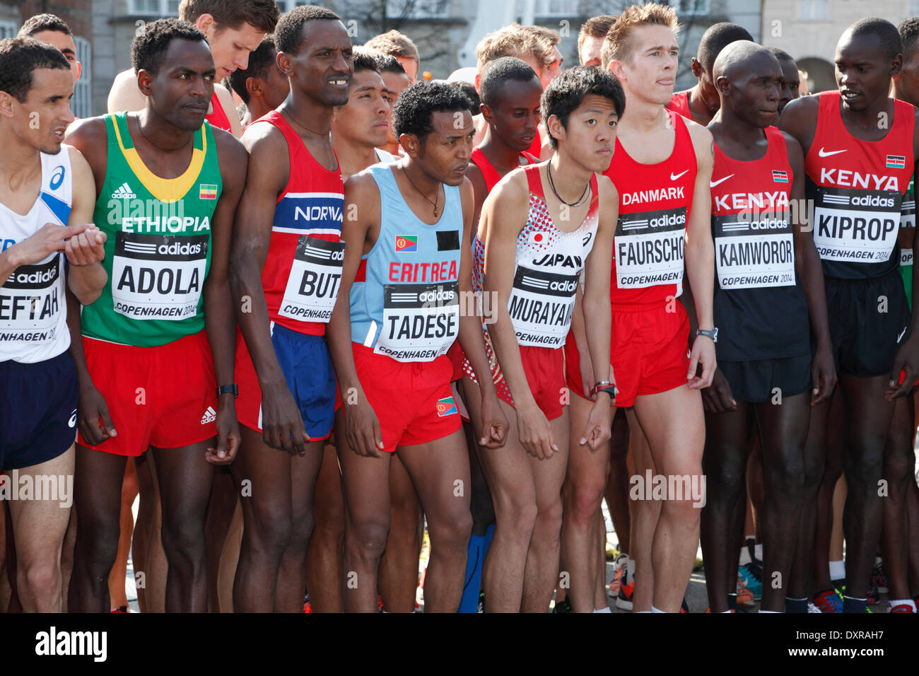 Kopenhagen, Dänemark. 29. März 2014.  Die Läufer in der IAAF/AL-Bank eine halbe Marathon Weltmeisterschaften 2014 lief in den Straßen von sonnigen Kopenhagen mit Start und Ziel am Schloss Christiansborg Palace Square. Die Elite Frauen und Männer folgten fast 30.000 Freizeit- und Sub-elite-Läufer. Dies ist an der Startlinie vor Start der Elite Männer. Bildnachweis: Niels Quist/Alamy Live-Nachrichten Stockfoto