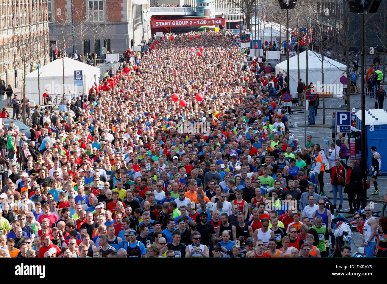 Kopenhagen, Dänemark, 29. März 2014. Die Läufer in der IAAF/AL-Bank eine halbe Marathon Weltmeisterschaften 2014 lief in den Straßen von sonnigen Kopenhagen mit Start und Ziel am Schloss Christiansborg Palace Square. Die Elite Frauen und Männer folgten fast 30.000 Freizeit- und Sub-elite-Läufer wie hier zu sehen, wartet auf ihren Start hinter Marker Läufer mit Luftballons markieren ihre erwartete Zeit für die 21.097,5 m. Bildnachweis: Niels Quist/Alamy Live-Nachrichten Stockfoto
