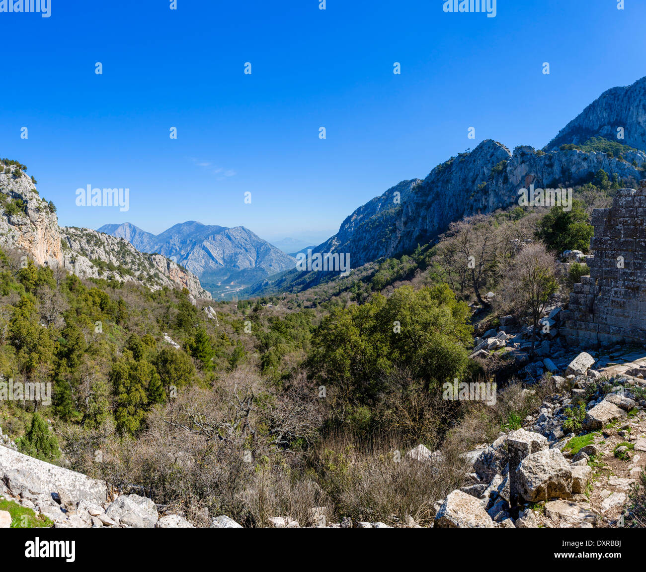 Blick über das Tal von den Mauern der alten Ruinen von Termessos, Gullug Dag Milli Parki, Provinz Antalya, Pisidien, Türkei Stockfoto