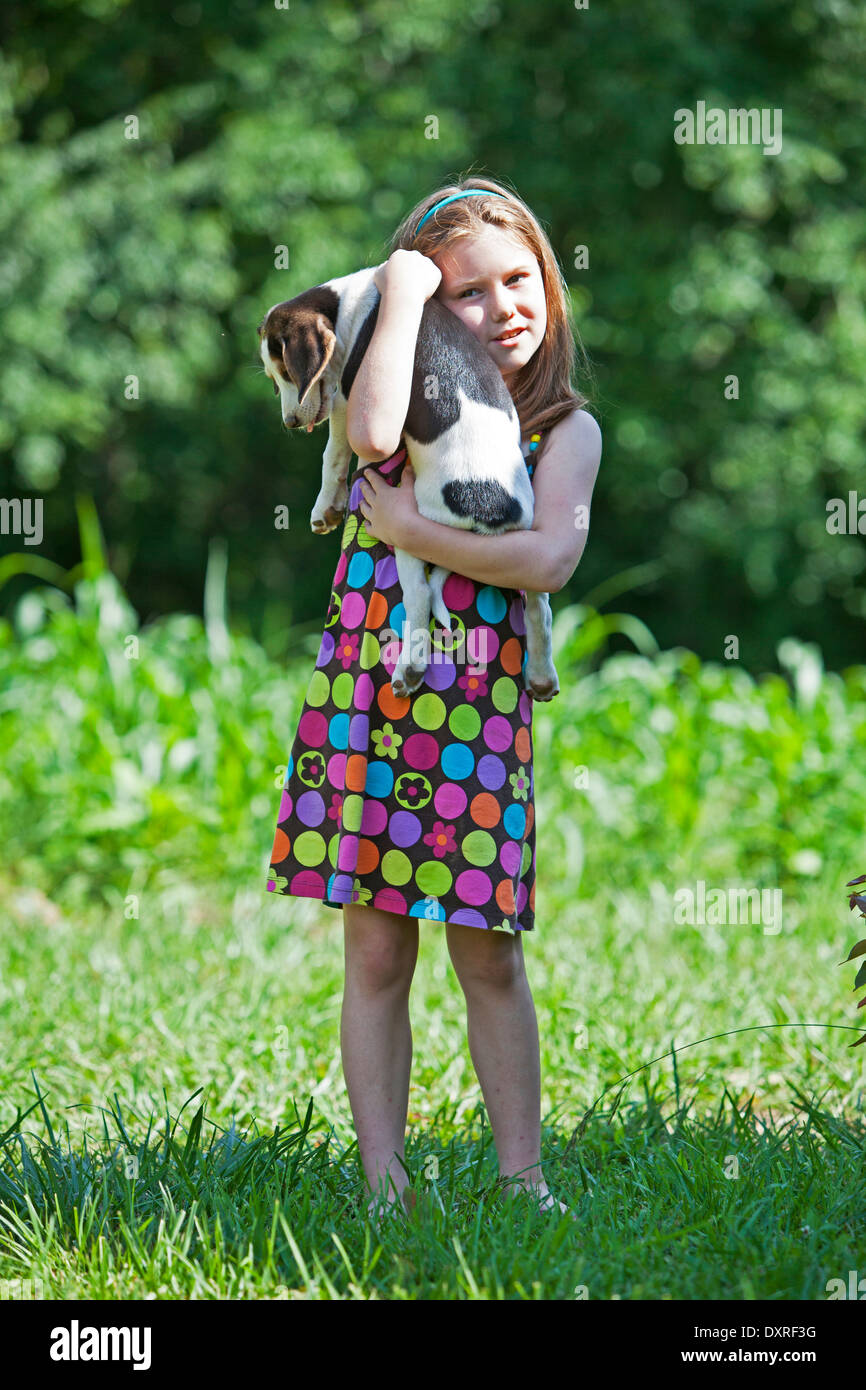 Junges Mädchen halten Jagd Hund Welpen Stockfoto