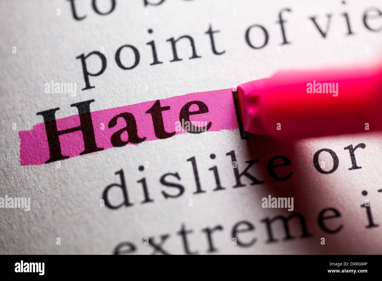 Fake-Wörterbuch, Definition von dem Wort Hass. Stockfoto