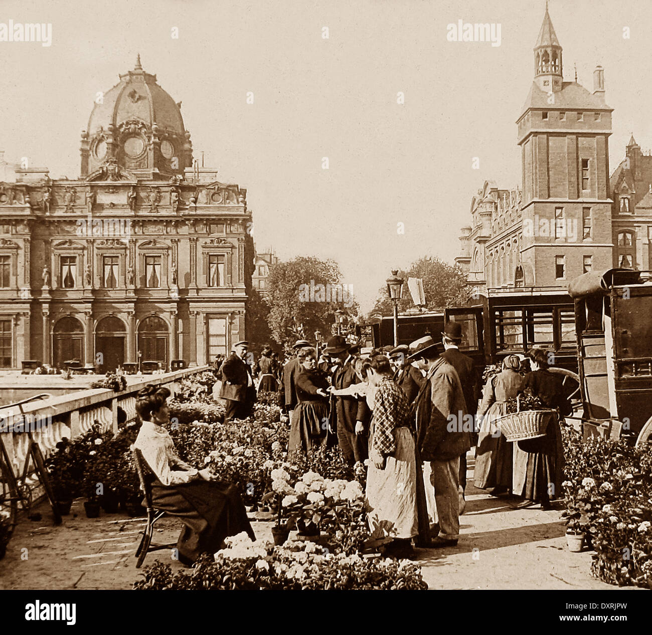 Flower Market, St.-Michaels Brücke, Paris, Frankreich wahrscheinlich der 1920er Jahre Stockfoto
