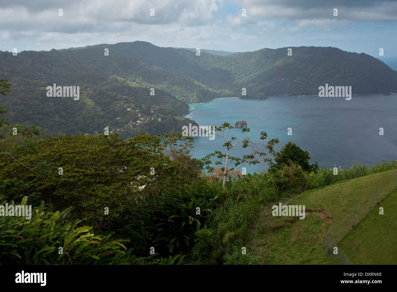 Piraten Bucht und Charlotteville auf der bewaldeten karibischen Küste Tobagos. Stockfoto