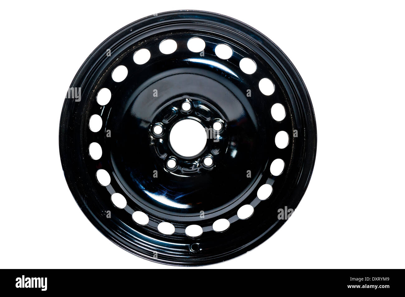 Stahlrad Auto in schwarz auf weißem Hintergrund Stockfoto