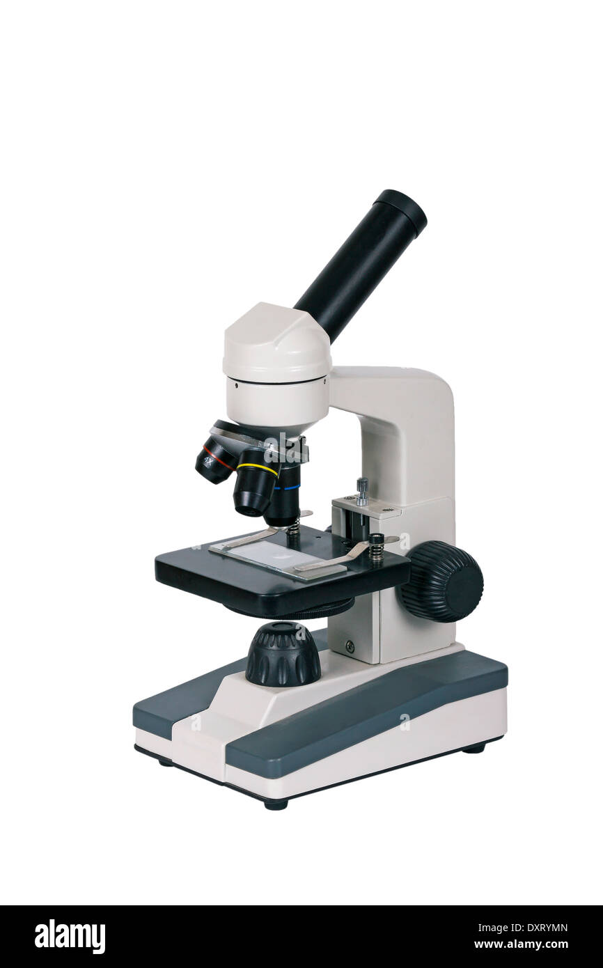 professionelles Mikroskop auf weißem Hintergrund Stockfoto