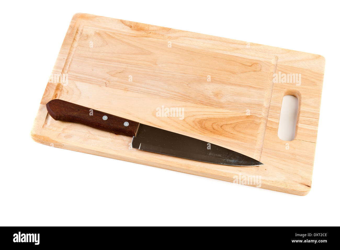 Holzbrett mit Messer Stockfoto