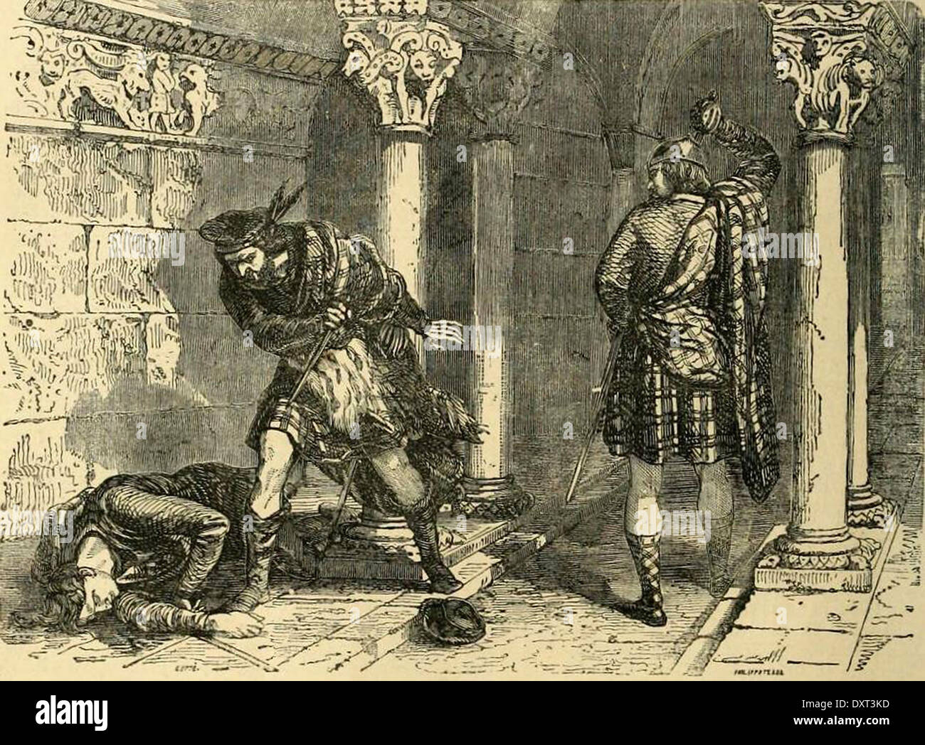 John Comyn wird von Robert Bruce und Roger de Kirkpatrick vor dem Hochaltar der Greyfriars Kirche in Dumfries, 1306 getötet. Stockfoto