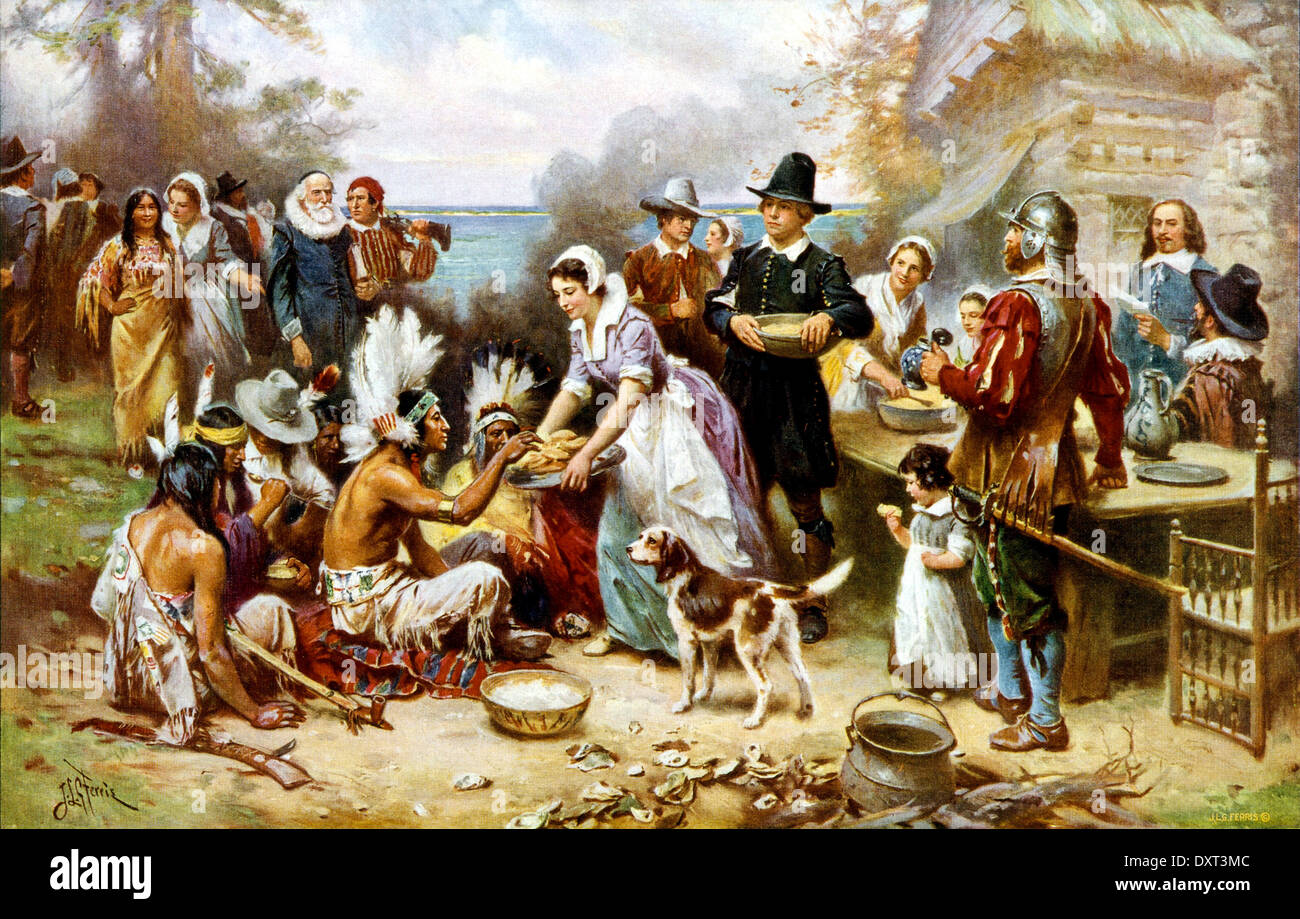 Das erste Erntedankfest, Plymouth, Amerika 1621 Stockfoto