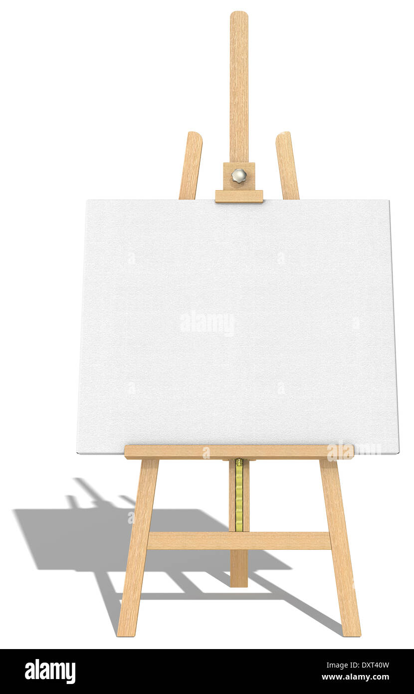 Frontansicht einer Staffelei und Leinwand. Harte Schatten. Stockfoto