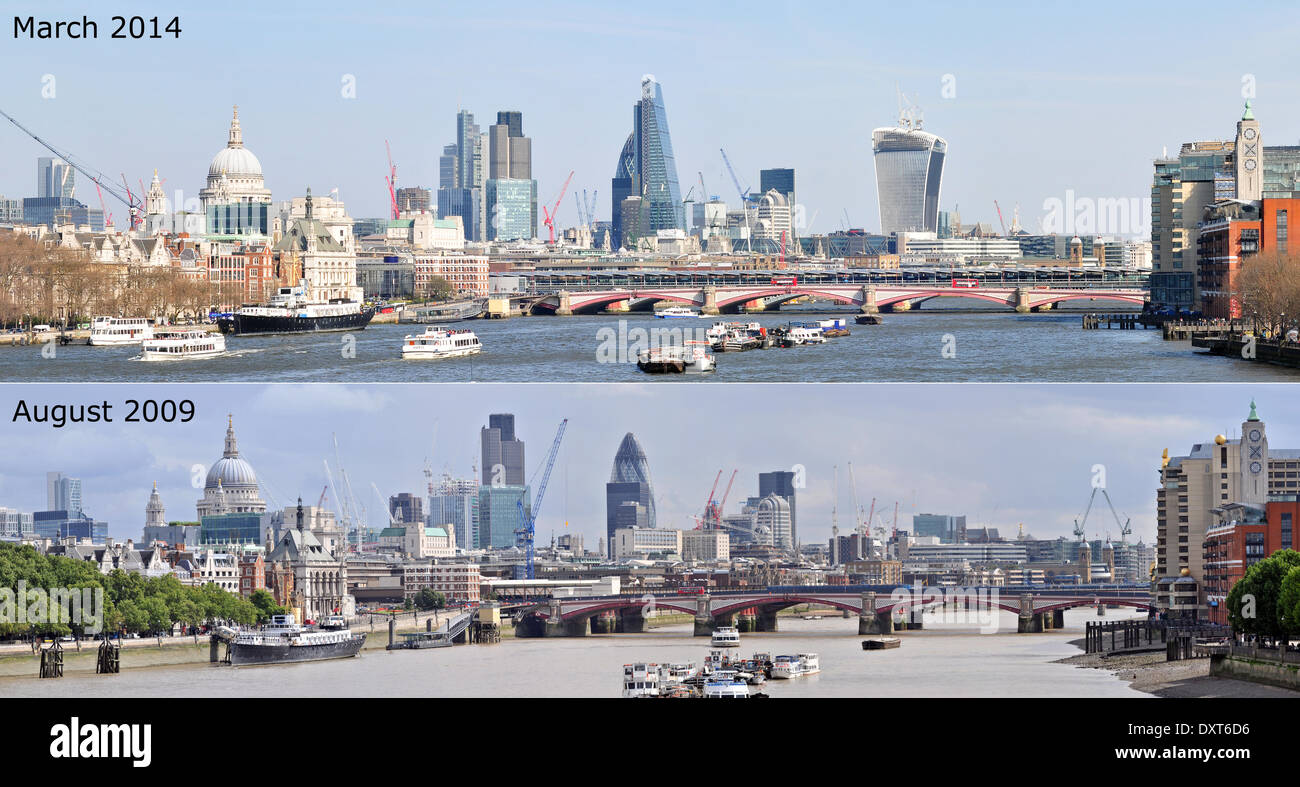 London, England - wurden diese beiden Bilder weniger als fünf Jahren neben gleich vor Ort auf Waterloo Bridge, aber veranschaulichen, wie schnell die Skyline der City of London trotz der weltweiten Rezession verändert ist. Das obere Bild wurde im März 2014, die Unterlippe im August 2009 aufgenommen. Hinweis wie "Gherkin" verdeckt immer ist, durch das Leadenhall Gebäude ("Cheesegrater") und wie 20 Fenchurch Street ("Walkie Talkie") aus dem nichts erschienen ist.  29 - Mar-2014, Bildnachweis: John Gilbey/Alamy Live-Nachrichten. Stockfoto