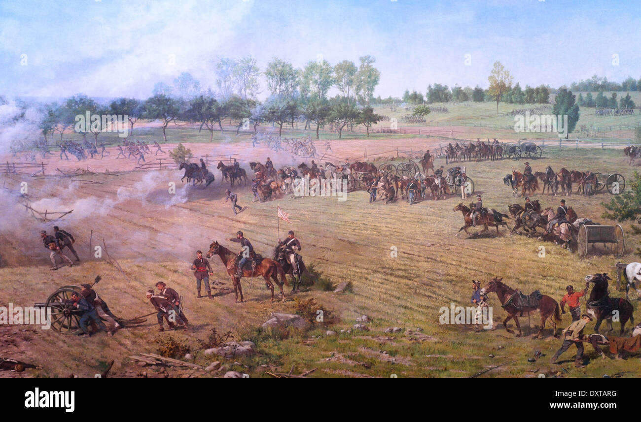 Schlacht von Gettysburg - Verstärkungen vorwärts eilen, um zu verteidigen gegen Picketts Charge - 3. Juli 1863 Stockfoto