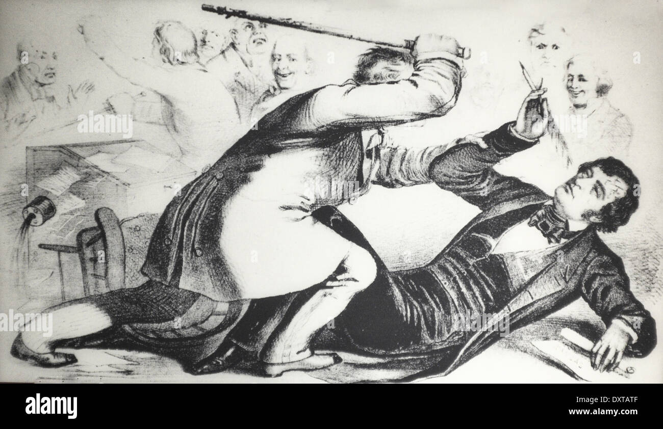 Schlagen im Senat - Senator Charles Sumner von Massachusetts wird von Repräsentant Preston Brooks South Carolina im US-Senat am 22. Mai 1856 angegriffen. Stockfoto