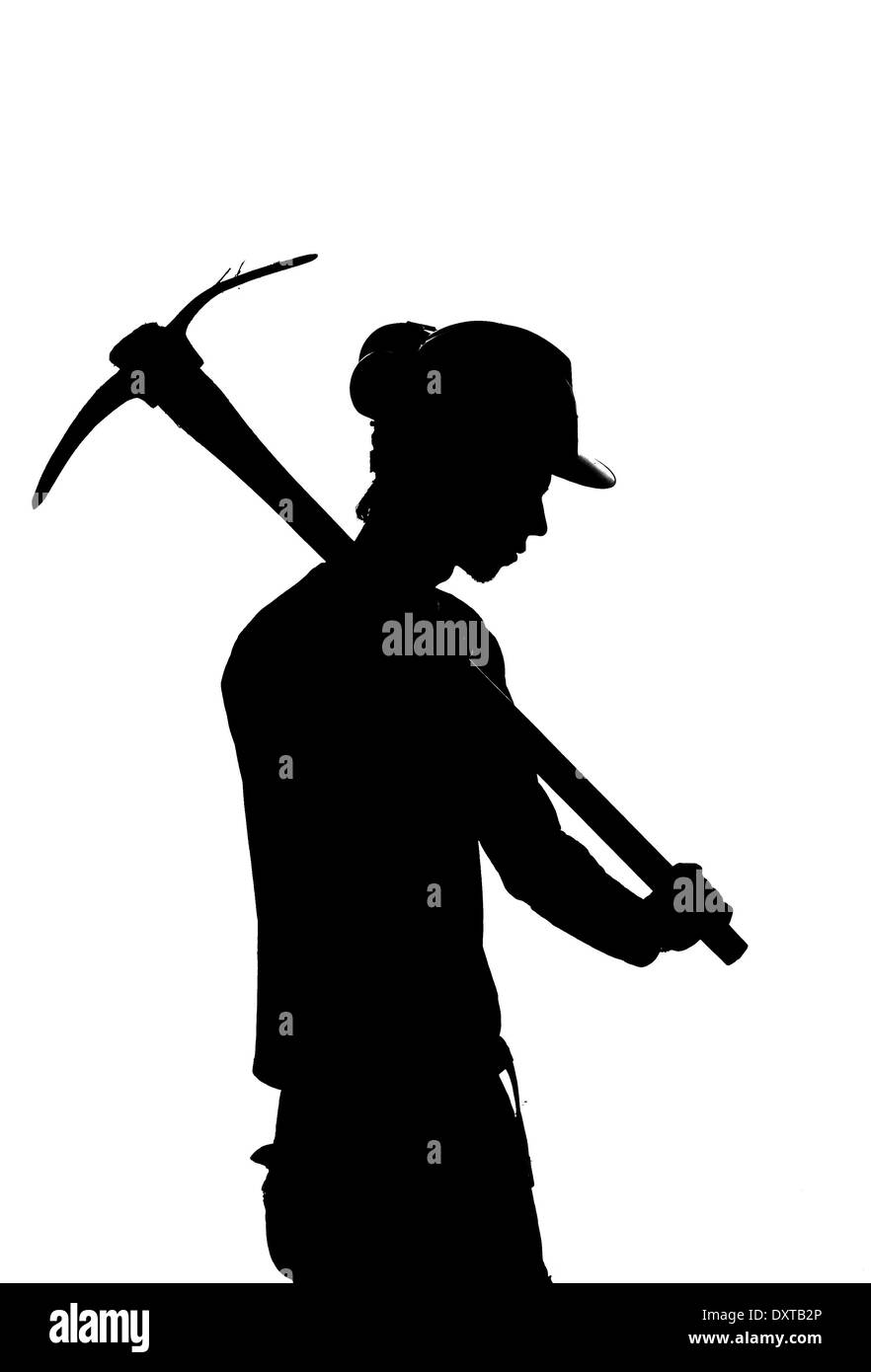 Silhouette von einem Bergmann mit Helm Stockfoto