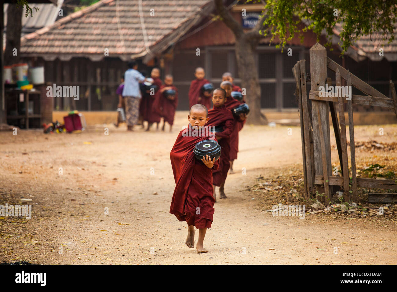 Mönche sammeln von Almosen und Reis in Bagan, Myanmar Stockfoto