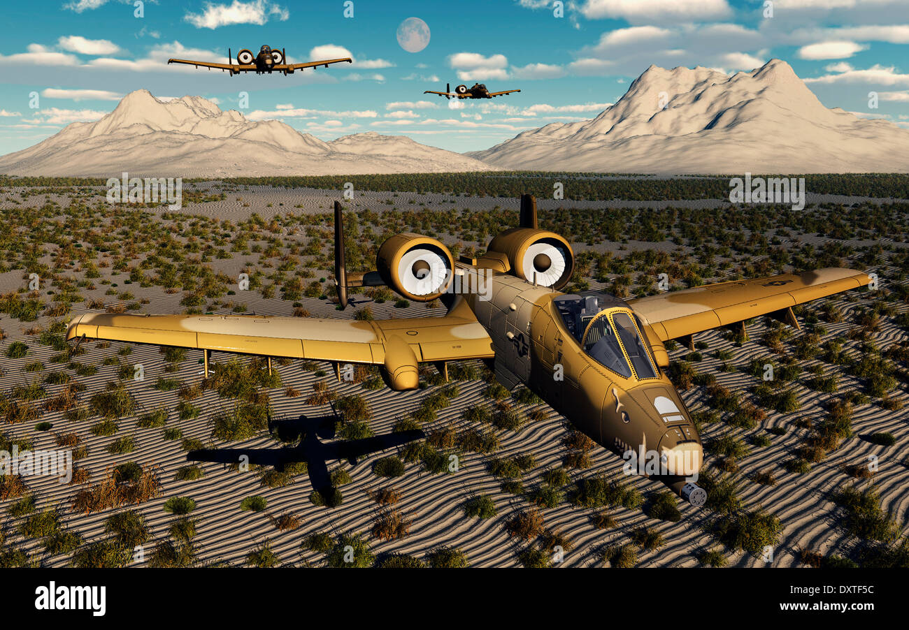 Eine Bildung von A-10 Thunderbolts, flying low über wüstenähnliche Landschaft. Stockfoto