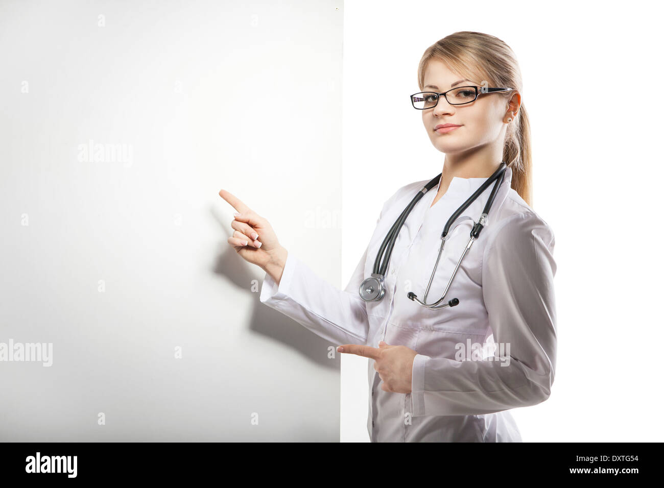 Arzt medizinische Karte Banner Gesundheit Menschen weiblichen Lächeln Person Zeichen Medizin Pflege isoliert Plakat glücklich Board Anschlagtafel leer Stockfoto