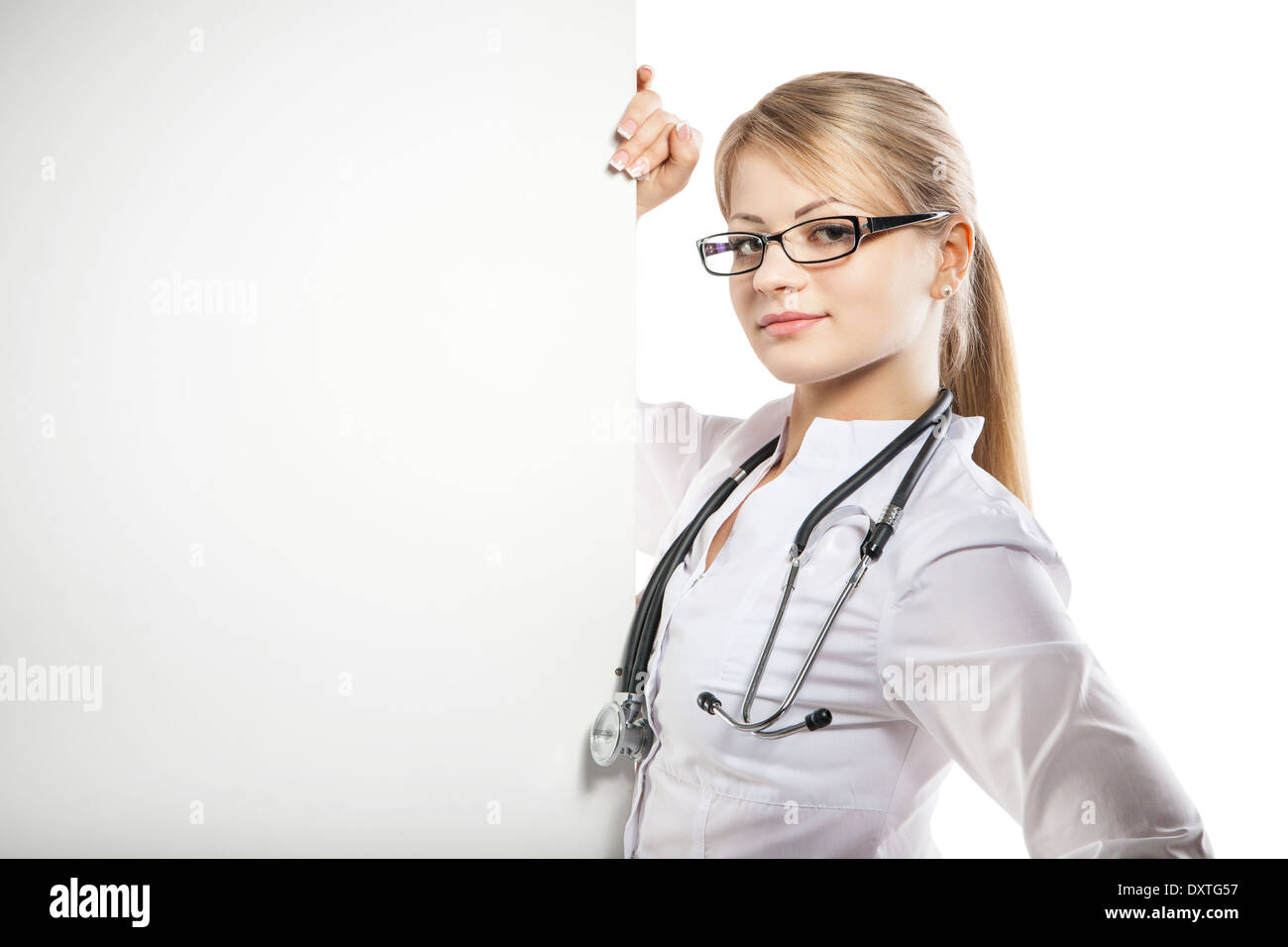 Arzt medizinische Karte Banner Gesundheit Menschen weiblichen Lächeln Person Zeichen Medizin Pflege isoliert Plakat glücklich Board Anschlagtafel leer Stockfoto