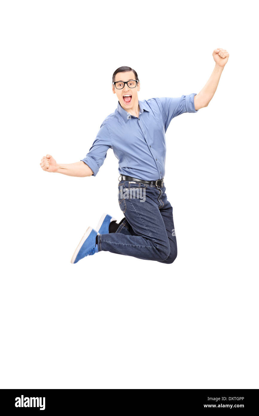 Aufgeregt Mann springt mit Freude Stockfoto