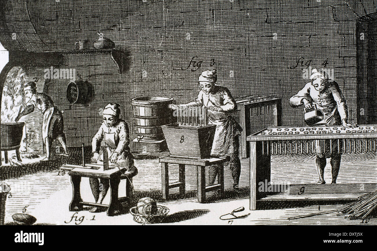 Werkstatt handgemachte Kerzen. 18. Jahrhundert. Gravur in Encyclopedie von Diderot et d ' Alembert. Gravur. Stockfoto