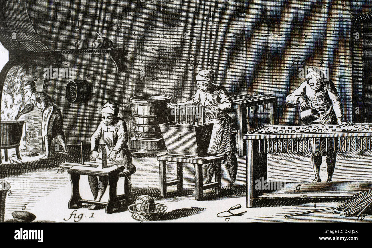Werkstatt handgemachte Kerzen. 18. Jahrhundert. Gravur in Encyclopedie von Diderot et d ' Alembert. Gravur. Stockfoto Werkstatt handgemachte Kerzen. 18. Jahrhundert. Gravur in Encyclopedie von Diderot et d ' Alembert. Gravur. Stockfoto