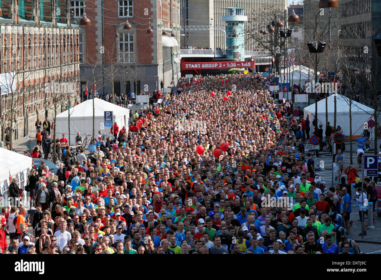 Menge von bis zu 30.000 Läufer warten darauf, in den halben Marathon Weltmeisterschaften 2014 in den Straßen von sonnigen Kopenhagen beginnen. Stockfoto