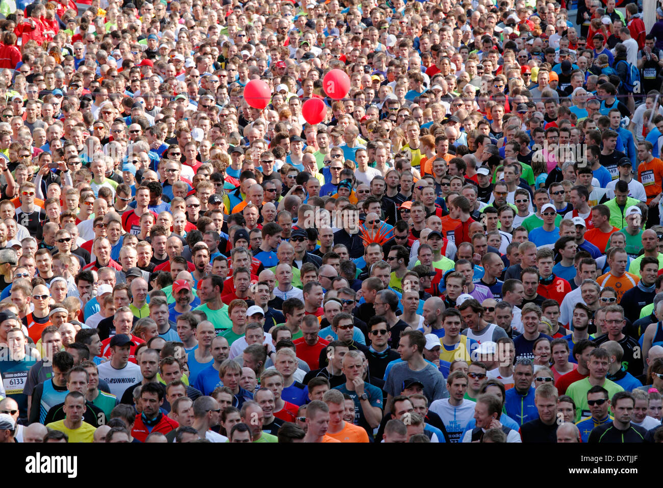 Menge von bis zu 30.000 Läufer warten darauf, in den halben Marathon Weltmeisterschaften 2014 in den Straßen von sonnigen Kopenhagen beginnen. Stockfoto
