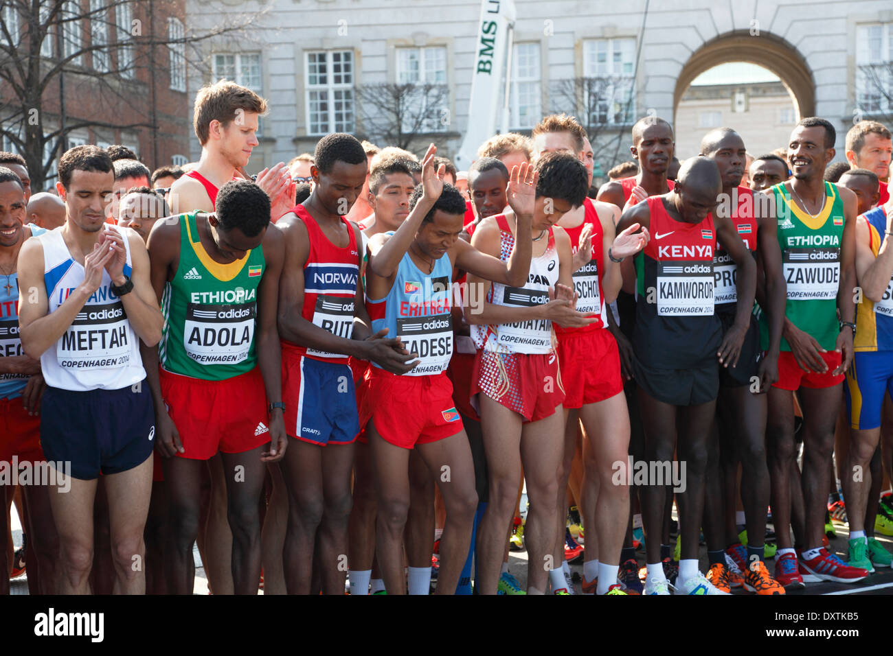 Männer Elite Klasse bereit an der Startlinie in der IAAF/AL-Bank eine halbe Marathon Weltmeisterschaften 2014 in sonnigen Kopenhagen, Dänemark. Stockfoto
