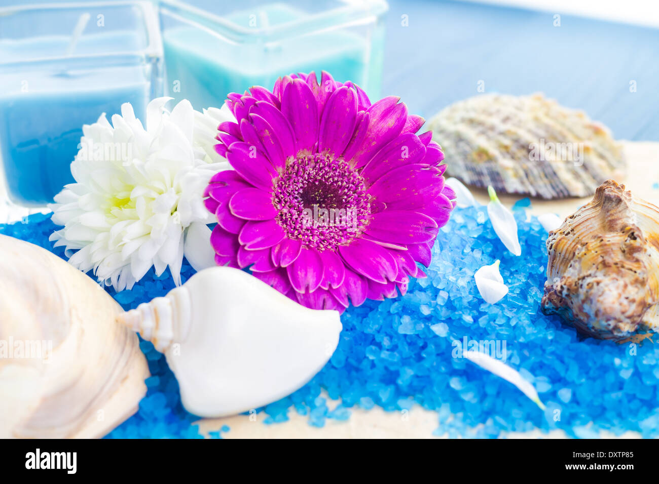 Wellness set mit Badesalz und Blumen Stockfoto