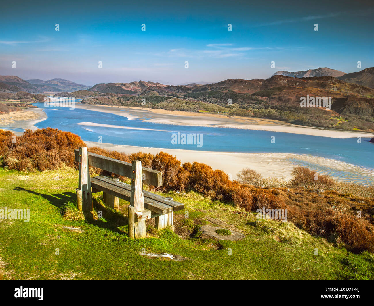 Ein Blick auf die Mündung des Mawddach und Gebirges Cadair Idris aus Sicht auf die Panoramawanderungen gehen Barmouth Stockfoto