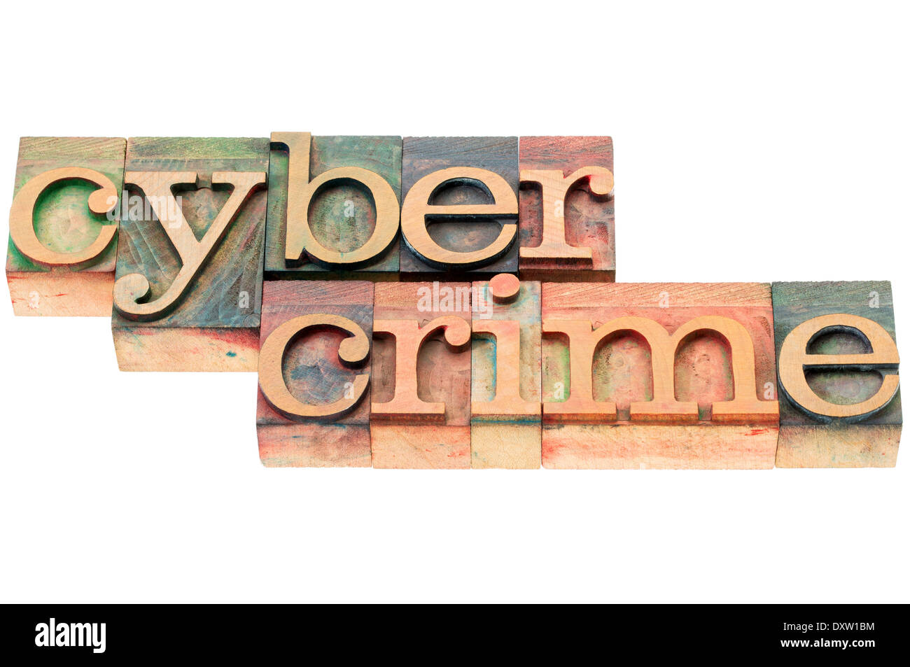 Cyberkriminalität Wort - isolierten Text im Buchdruck Holzart Blöcke durch Farbe Farben gebeizt Stockfoto