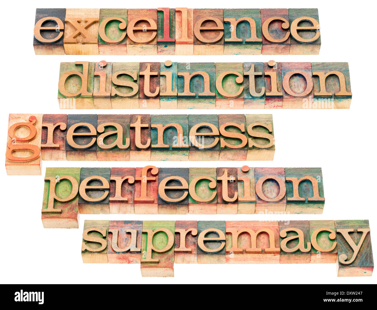 Exzellenz, Unterscheidung, Größe, Vollkommenheit und Überlegenheit - eine Collage von isolierten Wörtern im Buchdruck Holzart Stockfoto