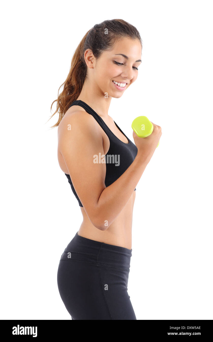 Profil einer jungen Fitness Frau Gewichte Übungen isoliert auf weißem Hintergrund Stockfoto