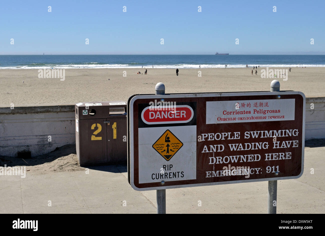Strömungen, die Warnung zu signieren, Ocean Beach, San Francisco Stockfoto