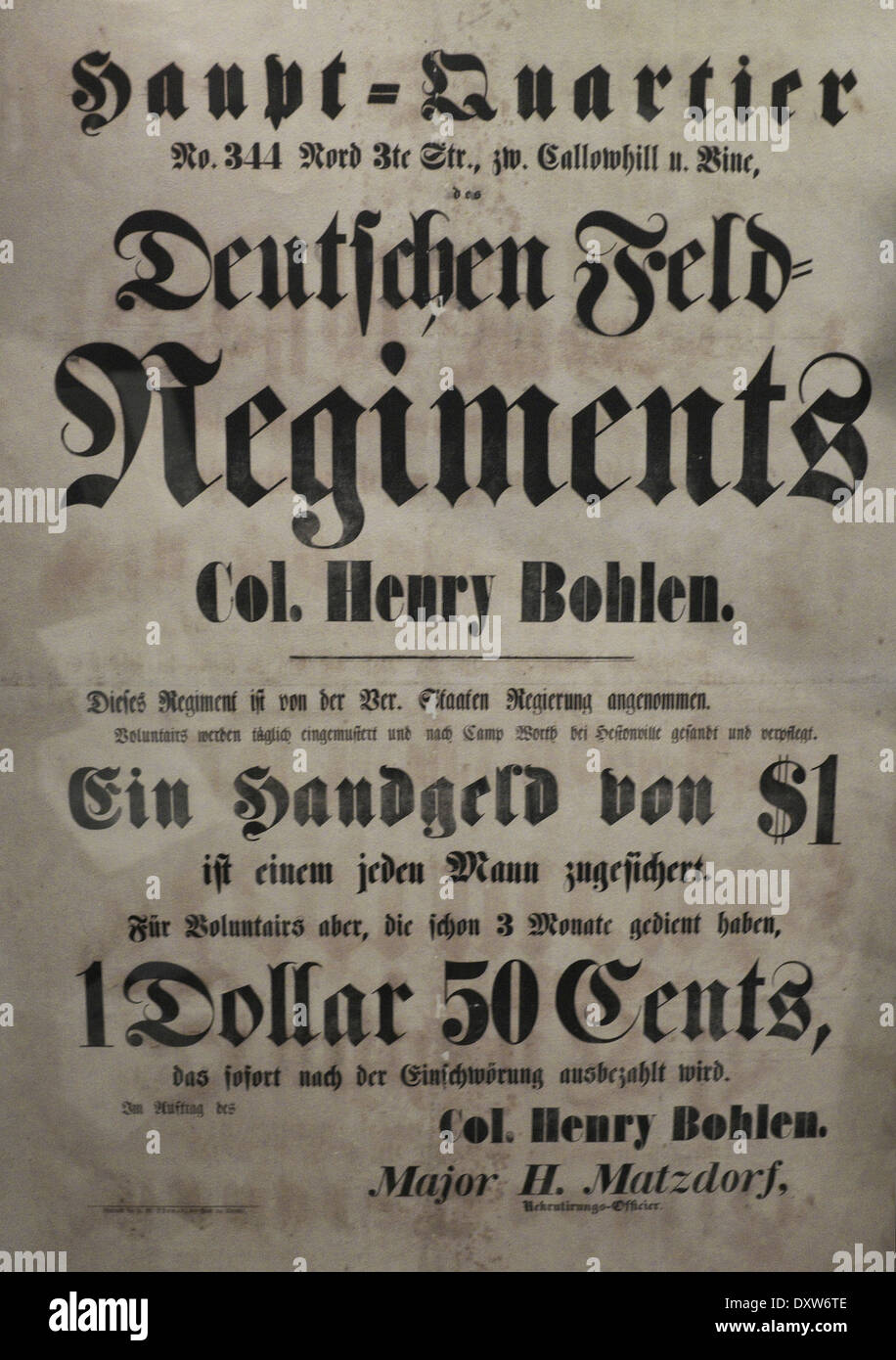 Rekrutierung von deutschen Plakat in USA Bürgerkrieg - Deutschlandzentrale Feld-regiment - Unterzeichnung Bonus - freiwillige Stockfoto