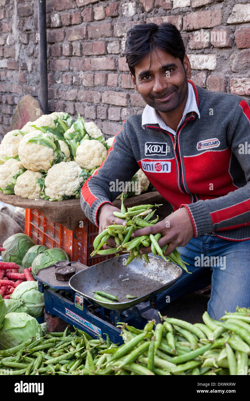 Indien, Dehradun. Mann, Verkauf von Gemüse in Streetside Markt. Stockfoto