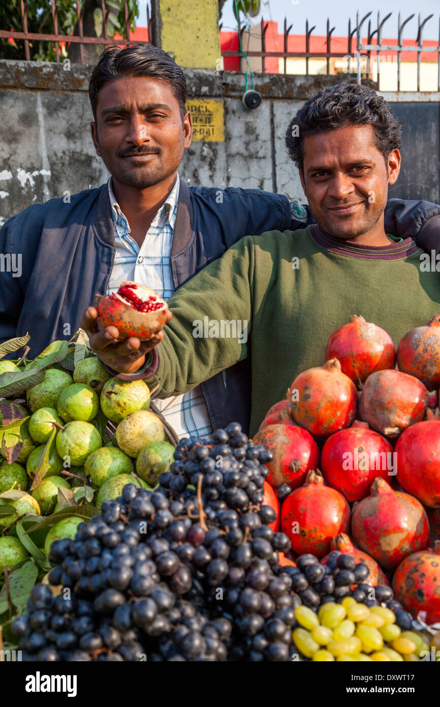 Indien, Dehradun. Obstverkäufer bietet dem Fotografen einen Granatapfel. Stockfoto