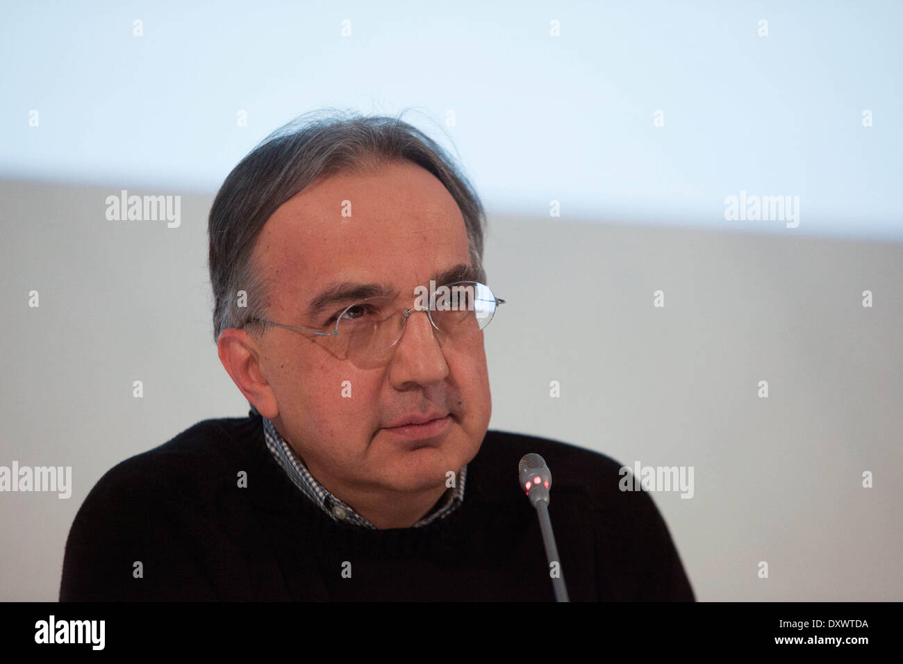 Turin, Italien. 31. März 2014. Sergio Marchionne spricht bei Fiat Generalversammlung, in Turin, Italien, am 31. März 2014. Dies ist einer der letzten Sitzungen vor der Zusammenführung von Fiat und Chrysler in der neuen Firma Fiat Chrysler Automobile. © Mauro Ujetto/NurPhoto/ZUMAPRESS.com/Alamy Live-Nachrichten Stockfoto