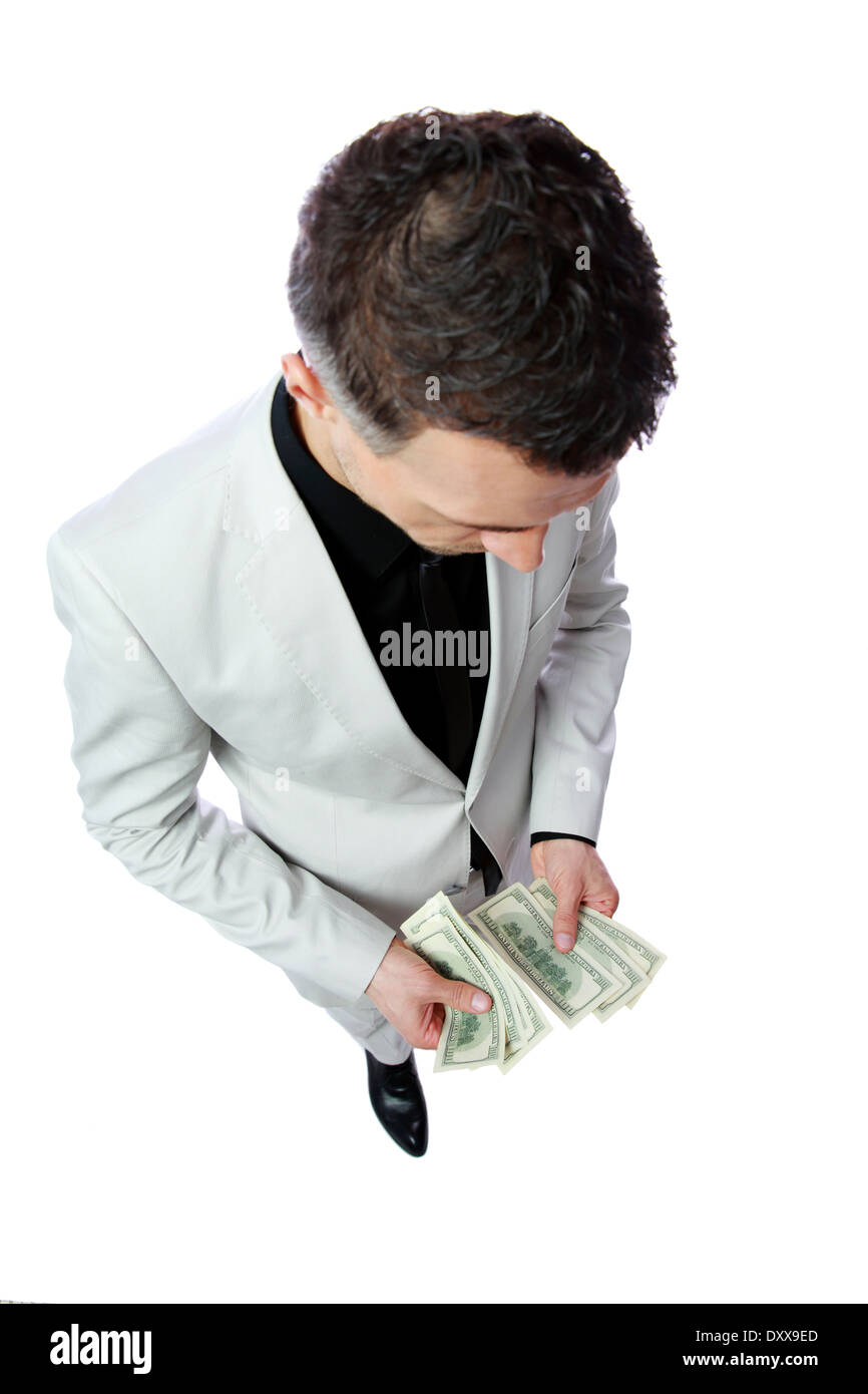 Porträt eines Geschäftsmannes hält US-Dollar Stockfoto