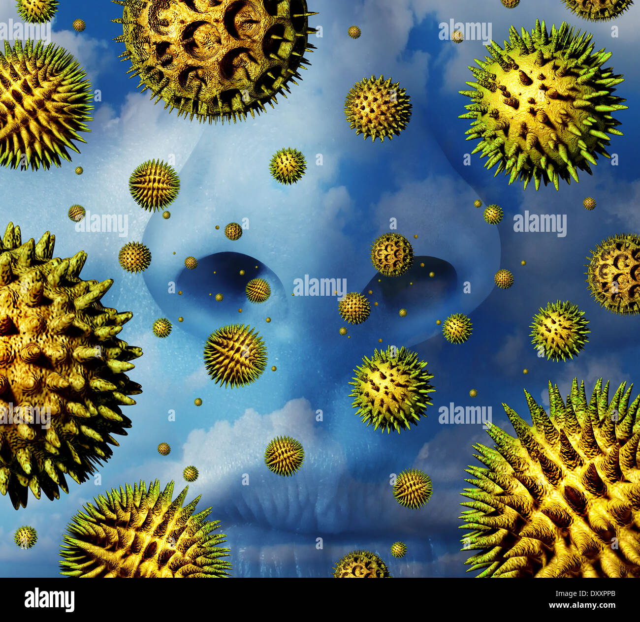Pollen Allergie-Konzept als eine Gruppe von mikroskopischen Bio Bestäubung  Partikel von Blütenpflanzen fliegen in der Luft mit einer menschlichen Nase  bereit zu niesen als Gesundheitswesen Symbol der saisonalen Allergien und  Heuschnupfen leiden