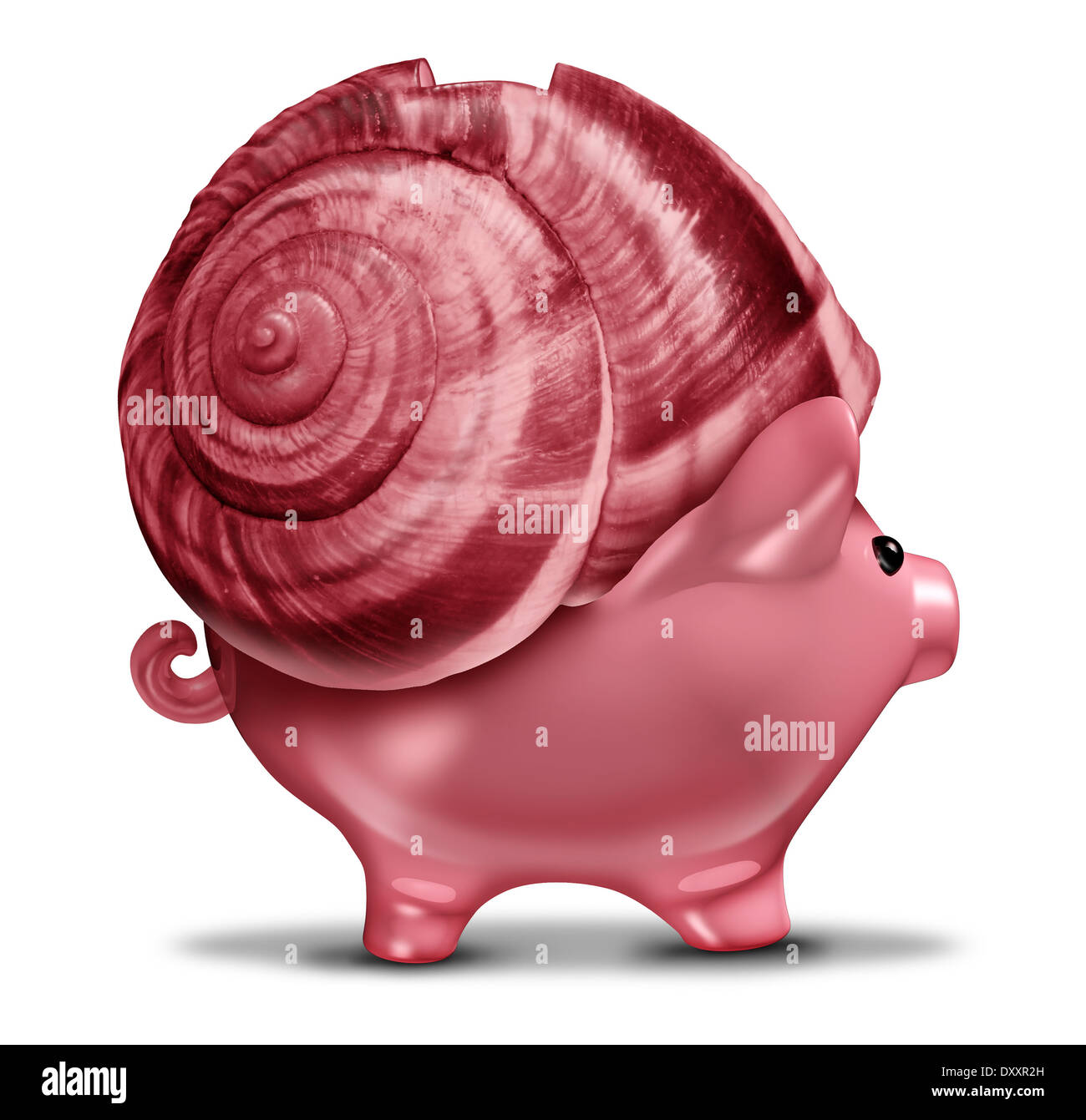 Langsame Investitions- und konservative Investitionen Geschäftskonzept als ein Schneckenhaus auf ein Sparschwein-Symbol als Metapher für die finanzielle Stockfoto