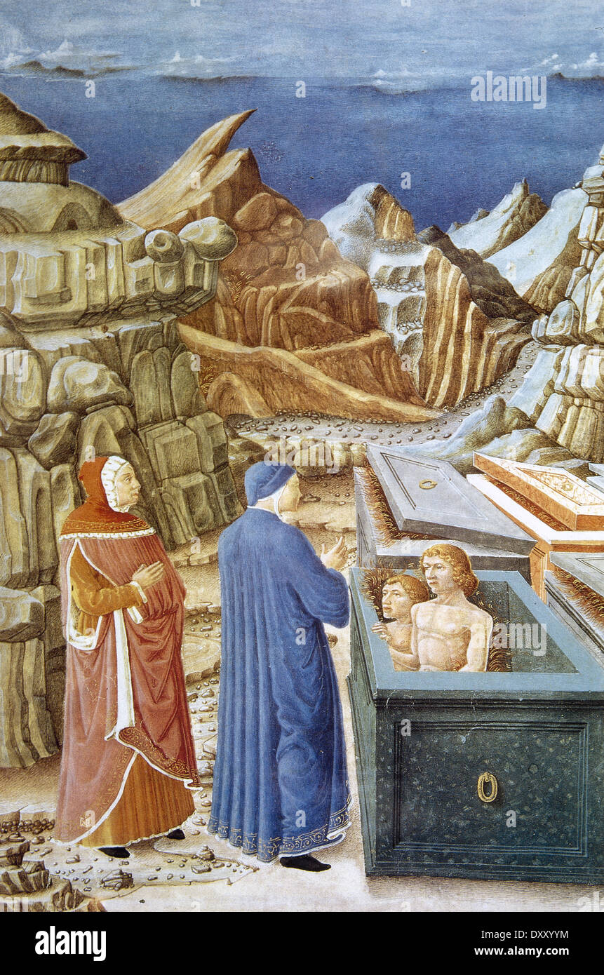 Die göttliche Komödie von Dante (1265-1321). Dante und Vergil in der Hölle mit Farinata Degli Uberti und Cavalcante de Cavalcanti. Stockfoto