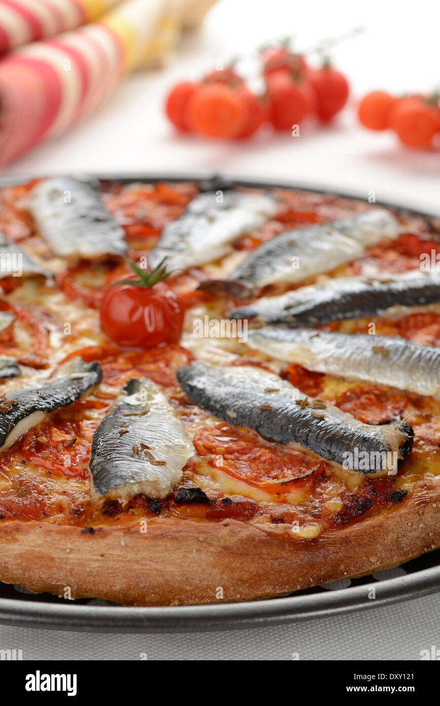 Frische Sardinen pizza Stockfoto