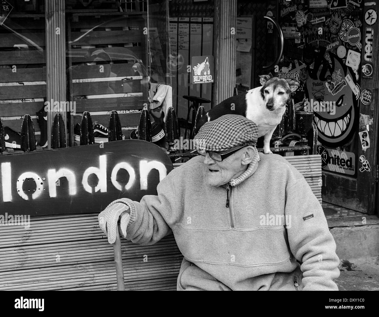 Ein Alter Mann sitzt auf einer Bank mit einem Jack Russell auf seinen Schultern auf der Londoner Goldborne Straße. Stockfoto
