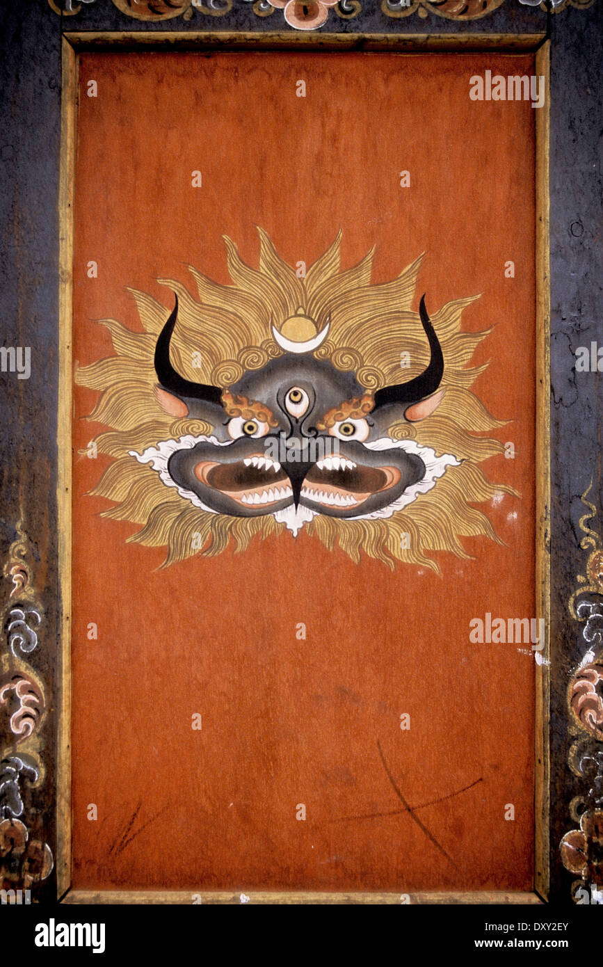 Malte Panels auf hölzernen Fensterläden in Thimpu, Bhutan. Digital manipulierte Bild. Stockfoto