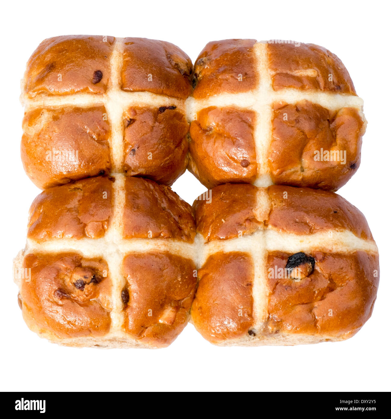 Hot Cross Buns schneiden Sie vor einem weißen Hintergrund. Stockfoto