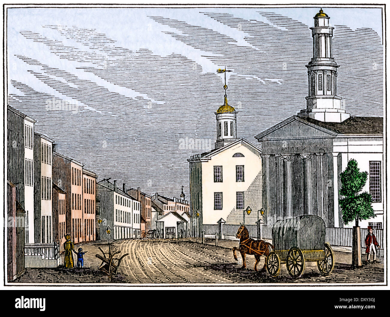 Straße im Zentrum von Trenton, New Jersey, 1840. Hand - farbige Holzschnitt Stockfoto