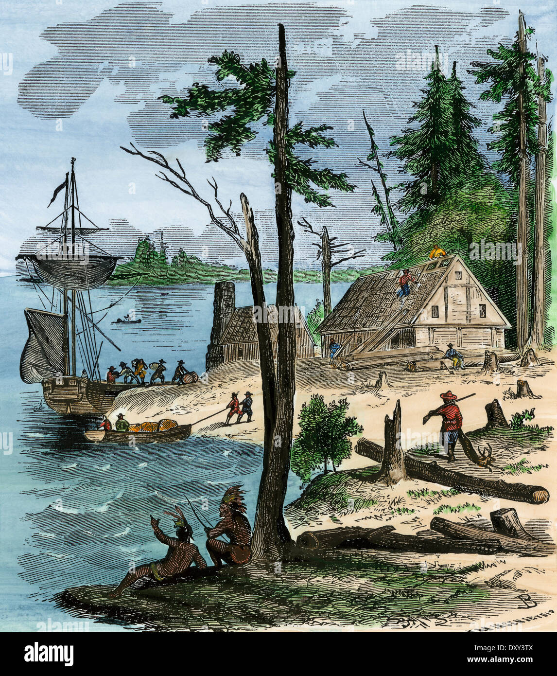 Niederländischen Kolonisten ankommen auf der Insel Manhattan, 1600. Hand - farbige Holzschnitt Stockfoto