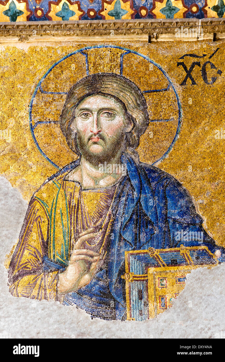 Herrgott, pantocrator. Details von Jesus Christus auf dem Deisis-Mosaik 13.C in der Upper South Gallery, Hagia Sophia (Aya Sofya), Istanbul, Türkei Stockfoto